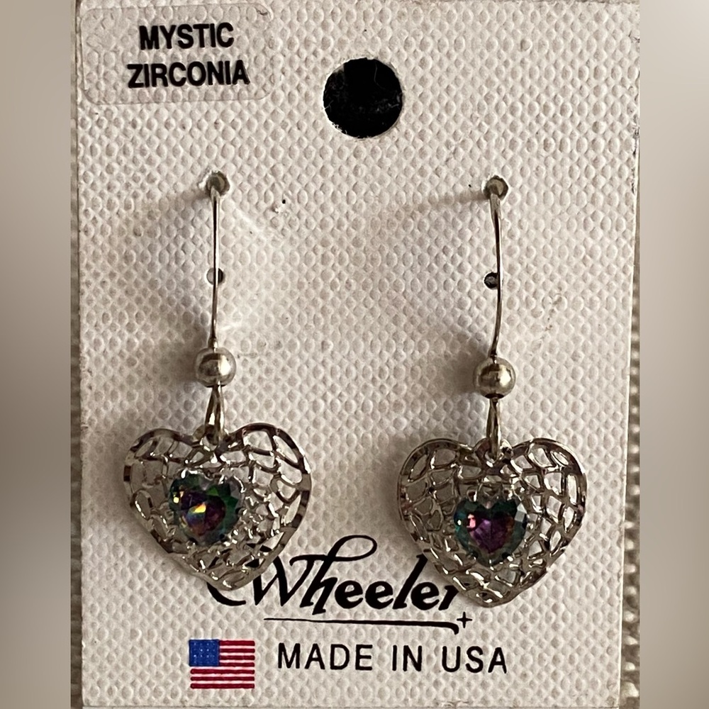 Wheeler Heart Mystic Zirconia Earrings Silver Tone Wire Dangle Made in USA New